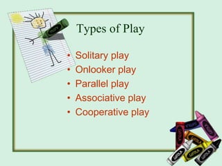 Types of Play
• Solitary play
• Onlooker play
• Parallel play
• Associative play
• Cooperative play
 