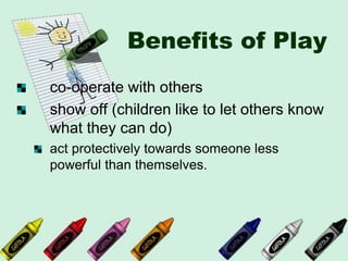 Benefits of Play
co-operate with others
show off (children like to let others know
what they can do)
act protectively towards someone less
powerful than themselves.
 