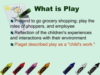 What is Play
Pretend to go grocery shopping; play the
roles of shoppers, and employee
Reflection of the children's experiences
and interactions with their environment
Piaget described play as a "child's work."
 