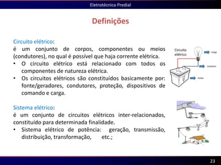 Definições
Eletrotécnica Predial
23
Circuito elétrico:
é um conjunto de corpos, componentes ou meios
(condutores), no qual é possível que haja corrente elétrica.
• O circuito elétrico está relacionado com todos os
componentes de natureza elétrica.
• Os circuitos elétricos são constituídos basicamente por:
fonte/geradores, condutores, proteção, dispositivos de
comando e carga.
Sistema elétrico:
é um conjunto de circuitos elétricos inter-relacionados,
constituído para determinada finalidade.
• Sistema elétrico de potência: geração, transmissão,
distribuição, transformação, etc.;
 