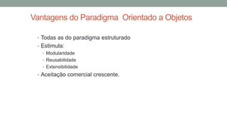 Vantagens do Paradigma Orientado a Objetos
• Todas as do paradigma estruturado
• Estimula:
• Modularidade
• Reusabilidade
• Extensibilidade
• Aceitação comercial crescente.
 