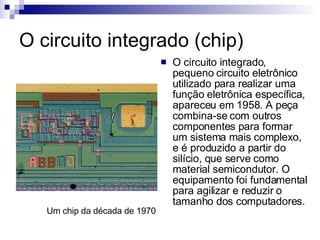 O circuito integrado (chip) O circuito integrado, pequeno circuito eletrônico utilizado para realizar uma função eletrônica específica, apareceu em 1958. A peça combina-se com outros componentes para formar um sistema mais complexo, e é produzido a partir do silício, que serve como material semicondutor. O equipamento foi fundamental para agilizar e reduzir o tamanho dos computadores. Um chip da década de 1970 