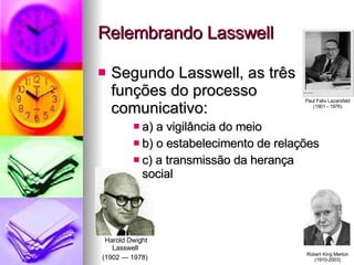 Relembrando Lasswell <ul><li>Segundo Lasswell, as três funções do processo comunicativo: </li></ul><ul><ul><ul><li>a) a vi...