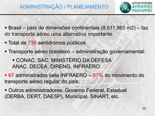 22
 Brasil – país de dimensões continentais (8.511.965 m2) – faz
do transporte aéreo uma alternativa importante.
 Total de 739 aeródromos públicos
 Transporte aéreo brasileiro – administração governamental:
 CONAC, SAC, MINISTÉRIO DA DEFESA
ANAC, DECEA, DIRENG, INFRAERO.
 67 administrados pela INFRAERO – 97% do movimento do
transporte aéreo regular do país.
 Outros administradores: Governo Federal, Estadual
(DERBA, DERT, DAESP), Municipal, SINART, etc.
ADMINISTRAÇÃO / PLANEJAMENTO
 