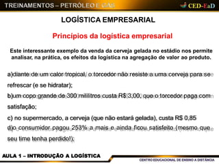 LOGÍSTICA EMPRESARIAL
Princípios da logística empresarial
Este interessante exemplo da venda da cerveja gelada no estádio nos permite
analisar, na prática, os efeitos da logística na agregação de valor ao produto.
a)diante de um calor tropical, o torcedor não resiste a uma cerveja para se
refrescar (e se hidratar);
b)um copo grande de 300 mililitros custa R$ 3,00, que o torcedor paga com
satisfação;
c) no supermercado, a cerveja (que não estará gelada), custa R$ 0,85
d)o consumidor pagou 253% a mais e ainda ficou satisfeito (mesmo que
seu time tenha perdido!);
AULA 1 – INTRODUÇÃO A LOGÍSTICA
 