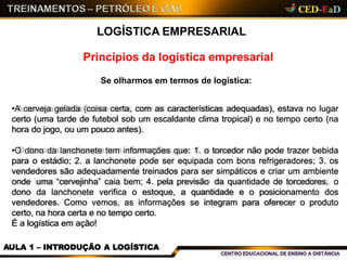 LOGÍSTICA EMPRESARIAL
Princípios da logística empresarial
Se olharmos em termos de logística:
•A cerveja gelada (coisa certa, com as características adequadas), estava no lugar
certo (uma tarde de futebol sob um escaldante clima tropical) e no tempo certo (na
hora do jogo, ou um pouco antes).
•O dono da lanchonete tem informações que: 1. o torcedor não pode trazer bebida
para o estádio; 2. a lanchonete pode ser equipada com bons refrigeradores; 3. os
vendedores são adequadamente treinados para ser simpáticos e criar um ambiente
onde uma “cervejinha” caia bem; 4. pela previsão da quantidade de torcedores, o
dono da lanchonete verifica o estoque, a quantidade e o posicionamento dos
vendedores. Como vemos, as informações se integram para oferecer o produto
certo, na hora certa e no tempo certo.
É a logística em ação!
AULA 1 – INTRODUÇÃO A LOGÍSTICA
 
