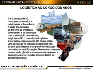 LOGÍSTICA AO LONGO DOS ANOS
Até a década de 40,
havia poucos estudos e
publicações sobre o tema.
A partir das décadas
de 50 e 60 as empresas
começaram a se preocupar
com a satisfação dos clientes,
surgindo então o conceito da Logística
Empresarial. Após os anos 80, houve então
uma revolução na logística ocasionada não
só pela globalização, mas pela informatização
dos sistemas de informação. Nesse novo contexto
da economia globalizada as empresas passam a
competir em nível mundial, mesmo dentro do
seu território local.
AULA 1 – INTRODUÇÃO A LOGÍSTICA
 
