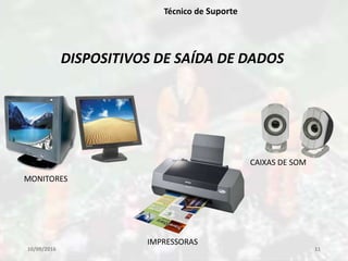 10/09/2016 11
Técnico de Suporte
DISPOSITIVOS DE SAÍDA DE DADOS
MONITORES
IMPRESSORAS
CAIXAS DE SOM
 