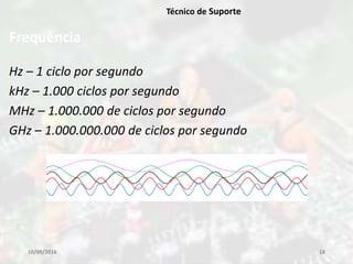 Frequência
Hz – 1 ciclo por segundo
kHz – 1.000 ciclos por segundo
MHz – 1.000.000 de ciclos por segundo
GHz – 1.000.000.000 de ciclos por segundo
10/09/2016 18
Técnico de Suporte
 