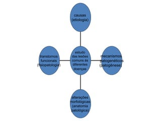 transtornos
funcionais
(fisiopatologia)
alterações
morfológicas
(anatomia
patológica)
mecanismos
patogenéticos
(patogênese)
causas
(etiologia)
estudo
das lesões
comuns ás
diferentes
doenças
 