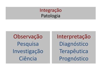 Integração
Patologia
Interpretação
Diagnóstico
Terapêutica
Prognóstico
Observação
Pesquisa
Investigação
Ciência
 