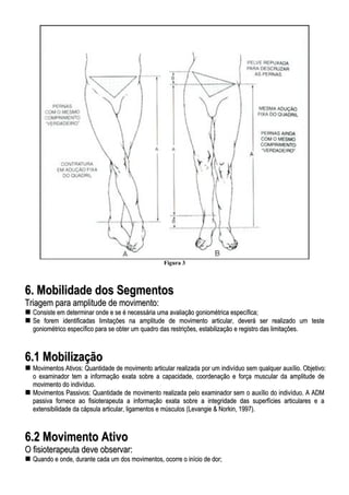 Figura 3
66.. MMoobbiilliiddaaddee ddooss SSeeggmmeennttooss
TTrriiaaggeemm ppaarraa aammpplliittuuddee ddee mmoovviimmeennttoo::
CCoonnssiissttee eemm ddeetteerrmmiinnaarr oonnddee ee ssee éé nneecceessssáárriiaa uummaa aavvaalliiaaççããoo ggoonniioommééttrriiccaa eessppeeccííffiiccaa;;
SSee ffoorreemm iiddeennttiiffiiccaaddaass lliimmiittaaççõõeess nnaa aammpplliittuuddee ddee mmoovviimmeennttoo aarrttiiccuullaarr,, ddeevveerráá sseerr rreeaalliizzaaddoo uumm tteessttee
ggoonniioommééttrriiccoo eessppeeccííffiiccoo ppaarraa ssee oobbtteerr uumm qquuaaddrroo ddaass rreessttrriiççõõeess,, eessttaabbiilliizzaaççããoo ee rreeggiissttrroo ddaass lliimmiittaaççõõeess..
66..11 MMoobbiilliizzaaççããoo
MMoovviimmeennttooss AAttiivvooss:: QQuuaannttiiddaaddee ddee mmoovviimmeennttoo aarrttiiccuullaarr rreeaalliizzaaddaa ppoorr uumm iinnddiivvíídduuoo sseemm qquuaallqquueerr aauuxxíílliioo.. OObbjjeettiivvoo::
oo eexxaammiinnaaddoorr tteemm aa iinnffoorrmmaaççããoo eexxaattaa ssoobbrree aa ccaappaacciiddaaddee,, ccoooorrddeennaaççããoo ee ffoorrççaa mmuussccuullaarr ddaa aammpplliittuuddee ddee
mmoovviimmeennttoo ddoo iinnddiivvíídduuoo..
MMoovviimmeennttooss PPaassssiivvooss:: QQuuaannttiiddaaddee ddee mmoovviimmeennttoo rreeaalliizzaaddaa ppeelloo eexxaammiinnaaddoorr sseemm oo aauuxxíílliioo ddoo iinnddiivvíídduuoo.. AA AADDMM
ppaassssiivvaa ffoorrnneeccee aaoo ffiissiiootteerraappeeuuttaa aa iinnffoorrmmaaççããoo eexxaattaa ssoobbrree aa iinntteeggrriiddaaddee ddaass ssuuppeerrffíícciieess aarrttiiccuullaarreess ee aa
eexxtteennssiibbiilliiddaaddee ddaa ccááppssuullaa aarrttiiccuullaarr,, lliiggaammeennttooss ee mmúússccuullooss ((LLeevvaannggiiee && NNoorrkkiinn,, 11999977))..
66..22 MMoovviimmeennttoo AAttiivvoo
OO ffiissiiootteerraappeeuuttaa ddeevvee oobbsseerrvvaarr::
QQuuaannddoo ee oonnddee,, dduurraannttee ccaaddaa uumm ddooss mmoovviimmeennttooss,, ooccoorrrree oo iinníícciioo ddee ddoorr;;
 