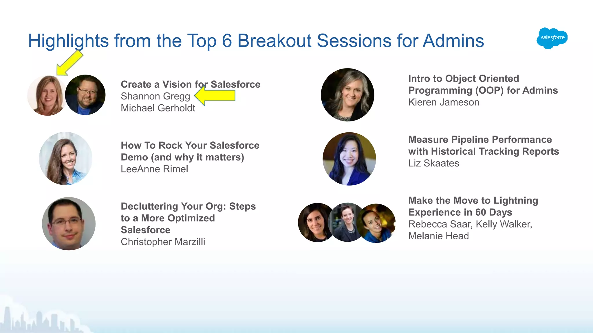 Highlights from the Top 6 Breakout Sessions for Admins
Create a Vision for Salesforce
Shannon Gregg
Michael Gerholdt
How To Rock Your Salesforce
Demo (and why it matters)
LeeAnne Rimel
Decluttering Your Org: Steps
to a More Optimized
Salesforce
Christopher Marzilli
Intro to Object Oriented
Programming (OOP) for Admins
Kieren Jameson
Measure Pipeline Performance
with Historical Tracking Reports
Liz Skaates
Make the Move to Lightning
Experience in 60 Days
Rebecca Saar, Kelly Walker,
Melanie Head
 
