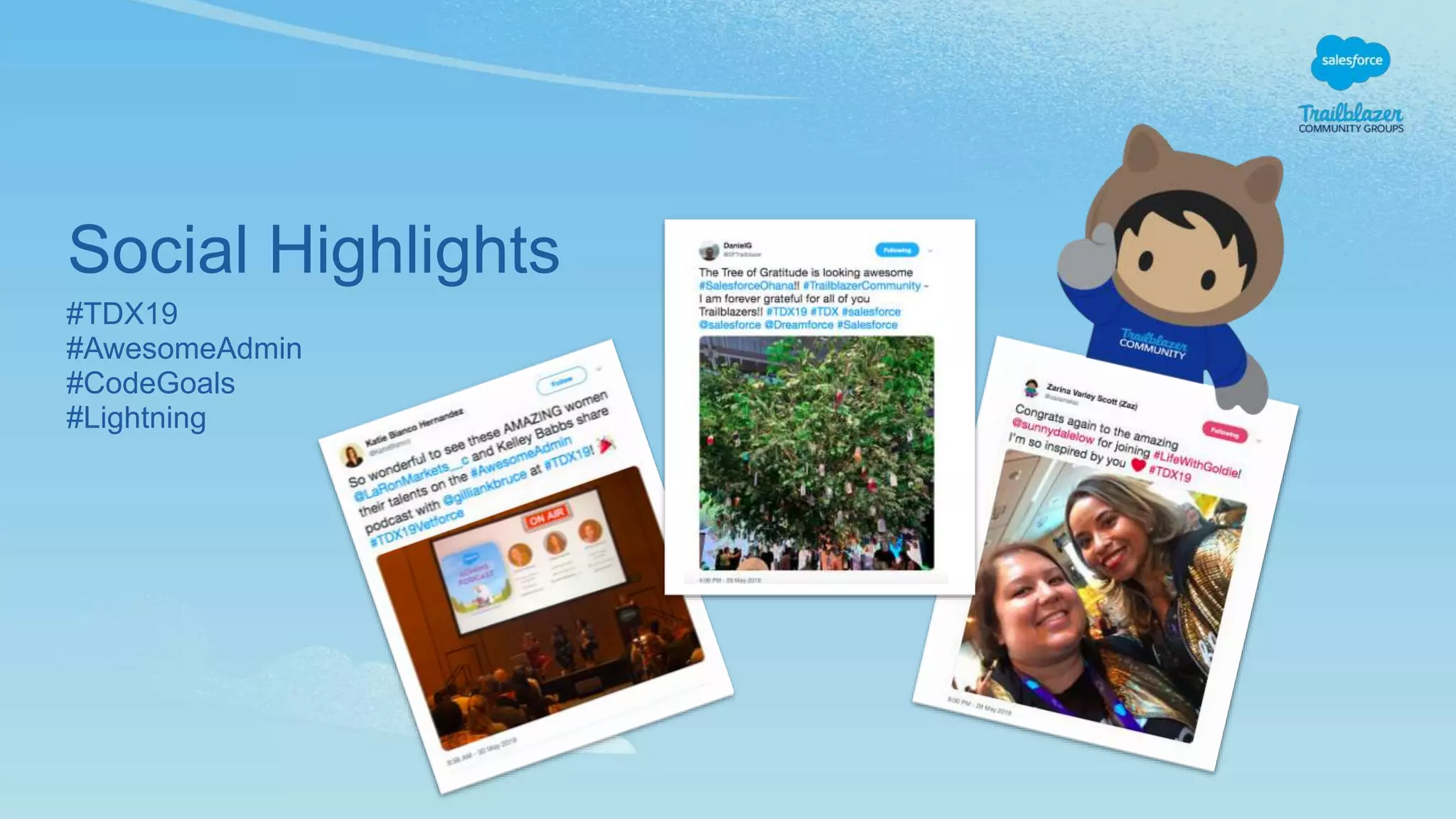 Social Highlights
#TDX19
#AwesomeAdmin
#CodeGoals
#Lightning
 