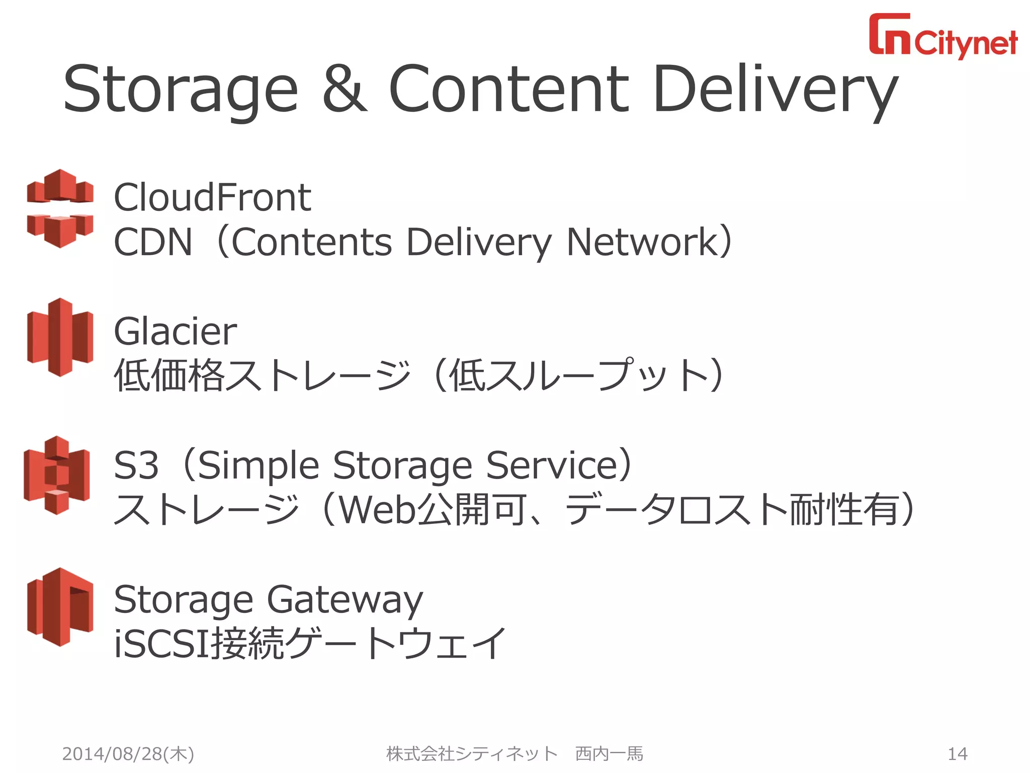 Storage & Content Delivery 
2014/08/28(木) 株式会社シティネット 西内一馬 14 
CloudFront 
CDN（Contents Delivery Network） 
Glacier 
低価格ストレージ（低スループット） 
S3（Simple Storage Service） 
ストレージ（Web公開可、データロスト耐性有） 
Storage Gateway 
iSCSI接続ゲートウェイ  