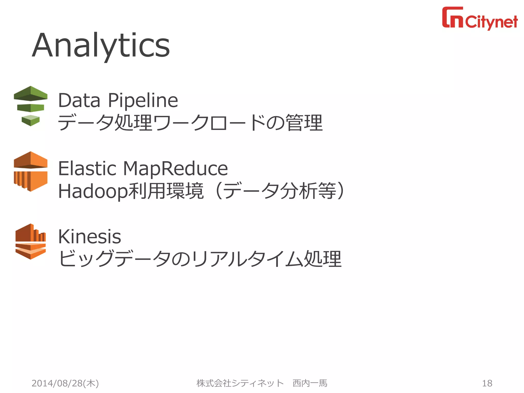 Analytics 
2014/08/28(木) 株式会社シティネット西内一馬18 
Data Pipeline 
データ処理ワークロードの管理 
Elastic MapReduce 
Hadoop利用環境（データ分析等） 
Kinesis 
ビッグデータのリアルタイム処理 
あ 
あ 
 