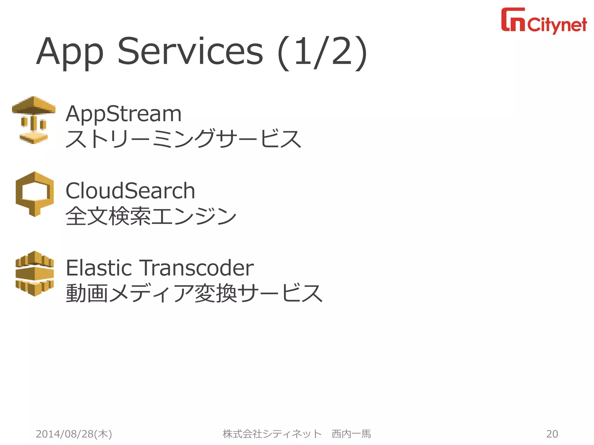 App Services (1/2) 
2014/08/28(木) 株式会社シティネット 西内一馬 20 
AppStream 
ストリーミングサービス 
CloudSearch 
全文検索エンジン 
Elastic Transcoder 
動画メディア変換サービス 
あ 
あ  