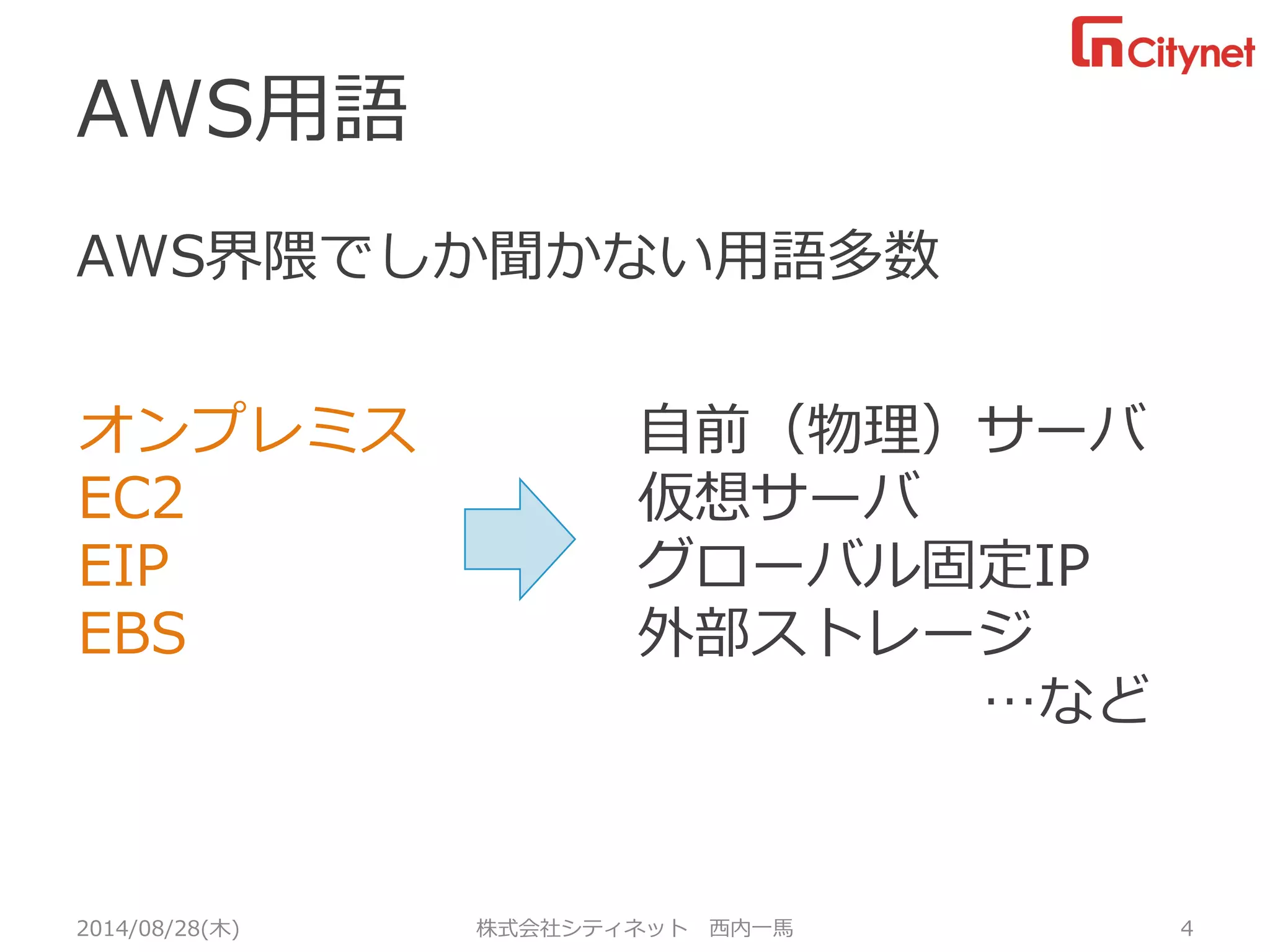AWS用語 
AWS界隈でしか聞かない用語多数 
2014/08/28(木) 株式会社シティネット 西内一馬 4 
オンプレミス 
EC2 
EIP 
EBS 
自前（物理）サーバ 
仮想サーバ 
グローバル固定IP 
外部ストレージ 
…など  