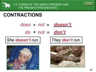 1-2 FORMS OF THE SIMPLE PRESENT AND
THE PRESENT PROGRESSIVE

CONTRACTIONS
does + not = doesn’t
do + not = don’t
She doesn’t run.

They don’t run.

13

 