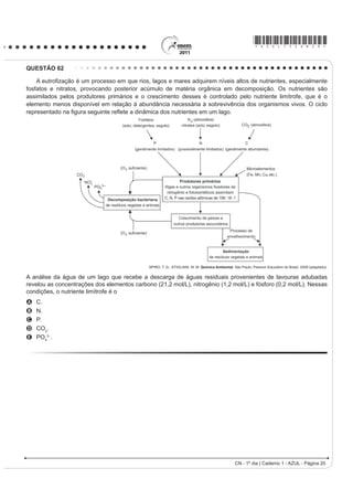 *AZUL75sab19*

QUESTÃO 60                                                 QUESTÃO 61
   Em um manual de um chuveiro elétrico                         Nos dias de hoje, podemos dizer que praticamente
são encontradas informações sobre algumas                  todos os seres humanos já ouviram em algum momento
características técnicas, ilustradas no quadro, como
a tensão de alimentação, a potência dissipada, o           falar sobre o DNA e seu papel na hereditariedade da
dimensionamento do disjuntor ou fusível, e a área da       maioria dos organismos. Porém, foi apenas em 1952,
seção transversal dos condutores utilizados.               um ano antes da descrição do modelo do DNA em
                                                           GXSOD KpOLFH SRU :DWVRQ H ULFN TXH IRL FRQ¿UPDGR
                                                           sem sombra de dúvidas que o DNA é material genético.
                                                           No artigo em que Watson e Crick descreveram a
                                                           molécula de DNA, eles sugeriram um modelo de como
                                                           essa molécula deveria se replicar. Em 1958, Meselson
                                                           e Stahl realizaram experimentos utilizando isótopos
                                                           pesados de nitrogênio que foram incorporados às bases
                                                           nitrogenadas para avaliar como se daria a replicação da
                                                           PROpFXOD $ SDUWLU GRV UHVXOWDGRV FRQ¿UPDUDP R PRGHOR
                                                           sugerido por Watson e Crick, que tinha como premissa
                                                           básica o rompimento das pontes de hidrogênio entre as
                                                           bases nitrogenadas.
                                                           GRIFFITHS, A. J. F. et al. Introdução à Genética. Rio de Janeiro: Guanabara Koogan, 2002.

    Uma pessoa adquiriu um chuveiro do modelo A e,         Considerando a estrutura da molécula de DNA e a posição
DR OHU R PDQXDO YHUL¿FRX TXH SUHFLVDYD OLJiOR D XP       das pontes de hidrogênio na mesma, os experimentos
disjuntor de 50 amperes. No entanto, intrigou-se com o     realizados por Meselson e Stahl a respeito da replicação
fato de que o disjuntor a ser utilizado para uma correta   dessa molécula levaram à conclusão de que
instalação de um chuveiro do modelo B devia possuir        A a replicDomR GR '1$ p FRQVHUYDWLYD LVWR p D ¿WD
amperagem 40% menor.                                         GXSOD ¿OKD p UHFpPVLQWHWL]DGD H R ¿ODPHQWR SDUHQWDO
Considerando-se os chuveiros de modelos A e B,               é conservado.
                                                           B D UHSOLFDomR GH '1$ p GLVSHUVLYD LVWR p DV ¿WDV
funcionando à mesma potência de 4 400 W, a razão
                                                             ¿OKDV FRQWrP '1$ UHFpPVLQWHWL]DGR H SDUHQWDLV HP
entre as suas respectivas resistências elétricas, RA e
                                                             FDGD XPD GDV ¿WDV
RB TXH MXVWL¿FD D GLIHUHQoD GH GLPHQVLRQDPHQWR GRV
                                                           C D UHSOLFDomR p VHPLFRQVHUYDWLYD LVWR p DV ¿WDV ¿OKDV
disjuntores, é mais próxima de:
                                                             FRQVLVWHP GH XPD ¿WD SDUHQWDO H XPD UHFpPVLQWHWL]DGD
A   0,3.                                                   D D UHSOLFDomR GR '1$ p FRQVHUYDWLYD LVWR p DV ¿WDV
B   0,6.
                                                             ¿OKDV FRQVLVWHP GH PROpFXODV GH '1$ SDUHQWDO
C   0,8.
D   1,7.                                                   E D UHSOLFDomR p VHPLFRQVHUYDWLYD LVWR p DV ¿WDV ¿OKDV
E   3,0.                                                     FRQVLVWHP GH XPD ¿WD PROGH H XPD ¿WD FRGL¿FDGRUD




CN - 1º dia | Caderno 1 - AZUL - Página 19
 