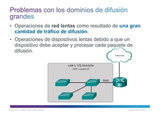 © 2013 Cisco y/o sus filiales. Todos los derechos reservados. Información pública de Cisco 6
• Operaciones de red lentas como resultado de una gran
cantidad de tráfico de difusión.
• Operaciones de dispositivos lentas debido a que un
dispositivo debe aceptar y procesar cada paquete de
difusión.
 