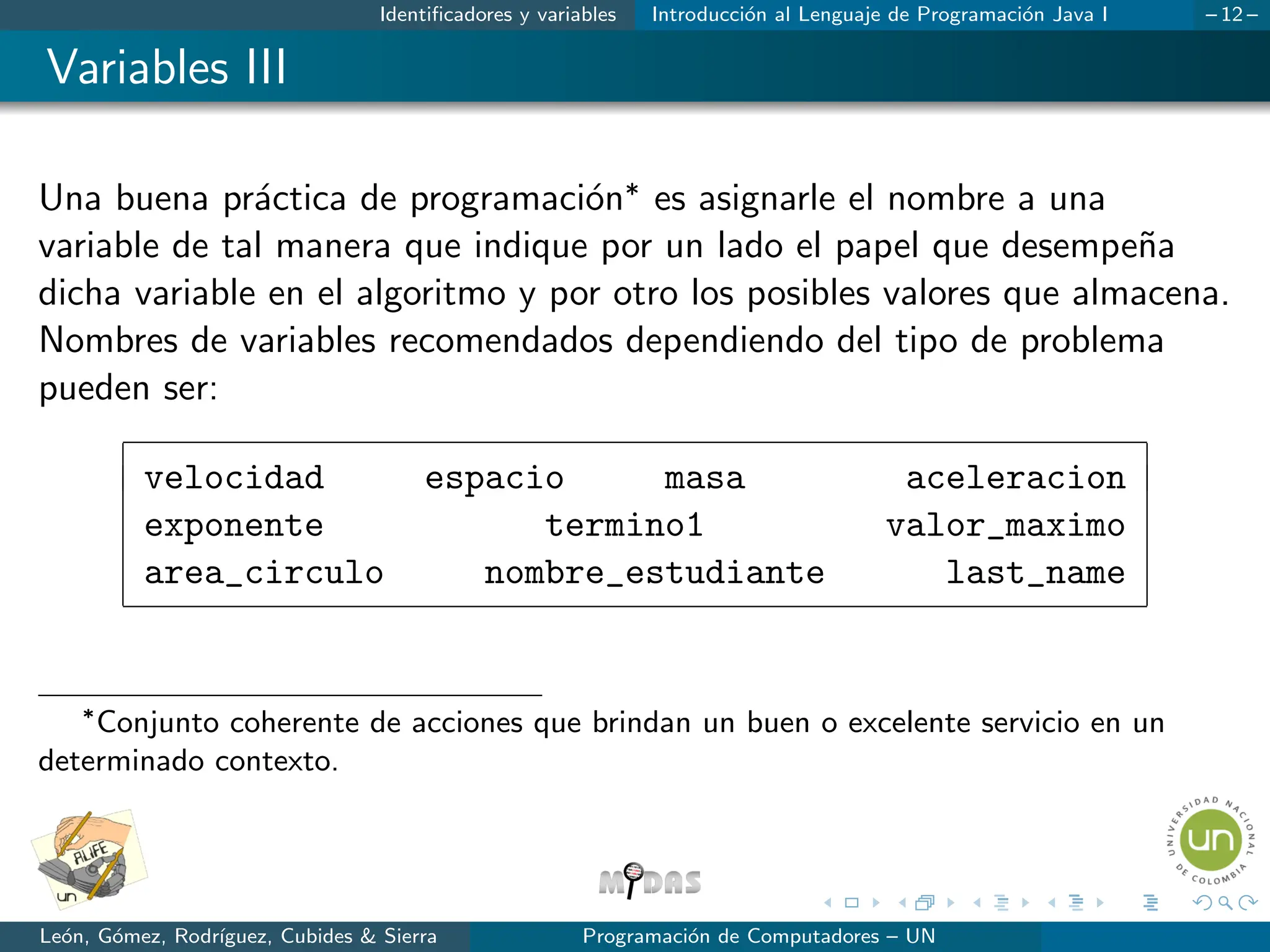 Identificadores y variables Introducción al Lenguaje de Programación Java I – 12 –
Variables III
Una buena práctica de programación∗ es asignarle el nombre a una
variable de tal manera que indique por un lado el papel que desempeña
dicha variable en el algoritmo y por otro los posibles valores que almacena.
Nombres de variables recomendados dependiendo del tipo de problema
pueden ser:
velocidad espacio masa aceleracion
exponente termino1 valor_maximo
area_circulo nombre_estudiante last_name
∗
Conjunto coherente de acciones que brindan un buen o excelente servicio en un
determinado contexto.
León, Gómez, Rodrı́guez, Cubides & Sierra Programación de Computadores – UN
 