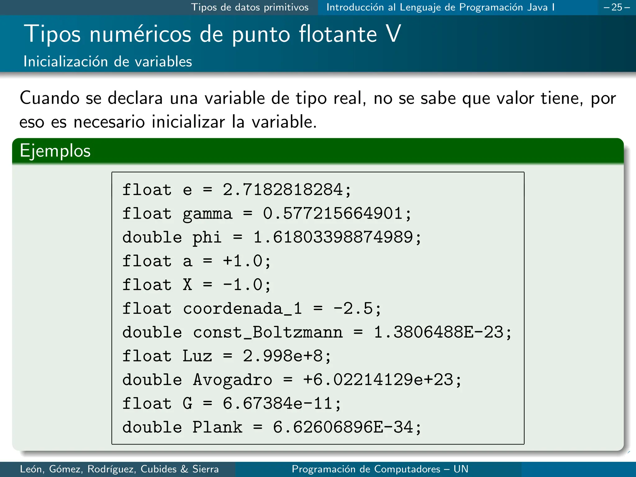 Tipos de datos primitivos Introducción al Lenguaje de Programación Java I – 25 –
Tipos numéricos de punto flotante V
Inicialización de variables
Cuando se declara una variable de tipo real, no se sabe que valor tiene, por
eso es necesario inicializar la variable.
Ejemplos
float e = 2.7182818284;
float gamma = 0.577215664901;
double phi = 1.61803398874989;
float a = +1.0;
float X = -1.0;
float coordenada_1 = -2.5;
double const_Boltzmann = 1.3806488E-23;
float Luz = 2.998e+8;
double Avogadro = +6.02214129e+23;
float G = 6.67384e-11;
double Plank = 6.62606896E-34;
León, Gómez, Rodrı́guez, Cubides & Sierra Programación de Computadores – UN
 
