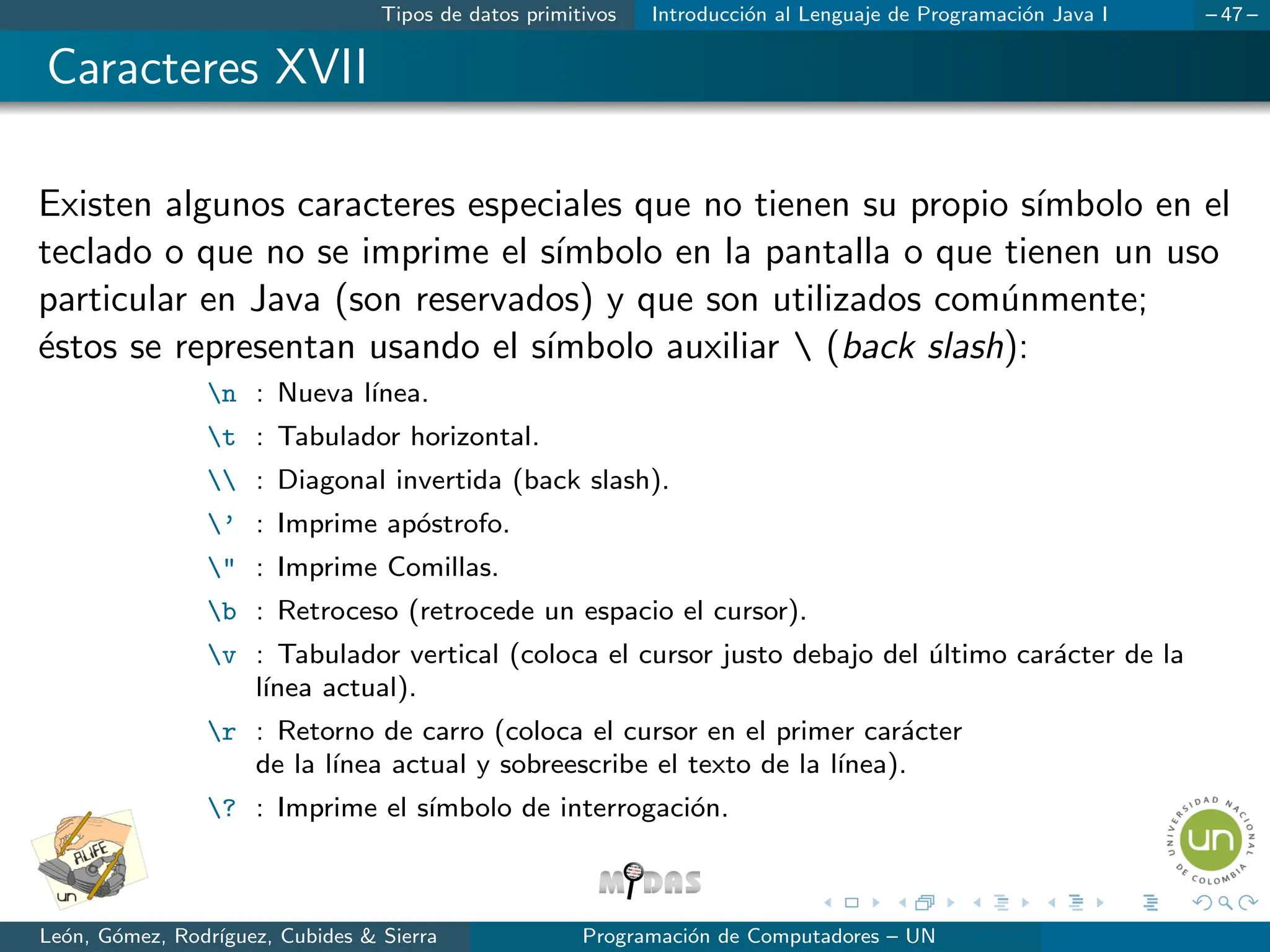 Tipos de datos primitivos Introducción al Lenguaje de Programación Java I – 47 –
Caracteres XVII
Existen algunos caracteres especiales que no tienen su propio sı́mbolo en el
teclado o que no se imprime el sı́mbolo en la pantalla o que tienen un uso
particular en Java (son reservados) y que son utilizados comúnmente;
éstos se representan usando el sı́mbolo auxiliar  (back slash):
n : Nueva lı́nea.
t : Tabulador horizontal.
 : Diagonal invertida (back slash).
’ : Imprime apóstrofo.
 : Imprime Comillas.
b : Retroceso (retrocede un espacio el cursor).
v : Tabulador vertical (coloca el cursor justo debajo del último carácter de la
lı́nea actual).
r : Retorno de carro (coloca el cursor en el primer carácter
de la lı́nea actual y sobreescribe el texto de la lı́nea).
? : Imprime el sı́mbolo de interrogación.
León, Gómez, Rodrı́guez, Cubides  Sierra Programación de Computadores – UN
 