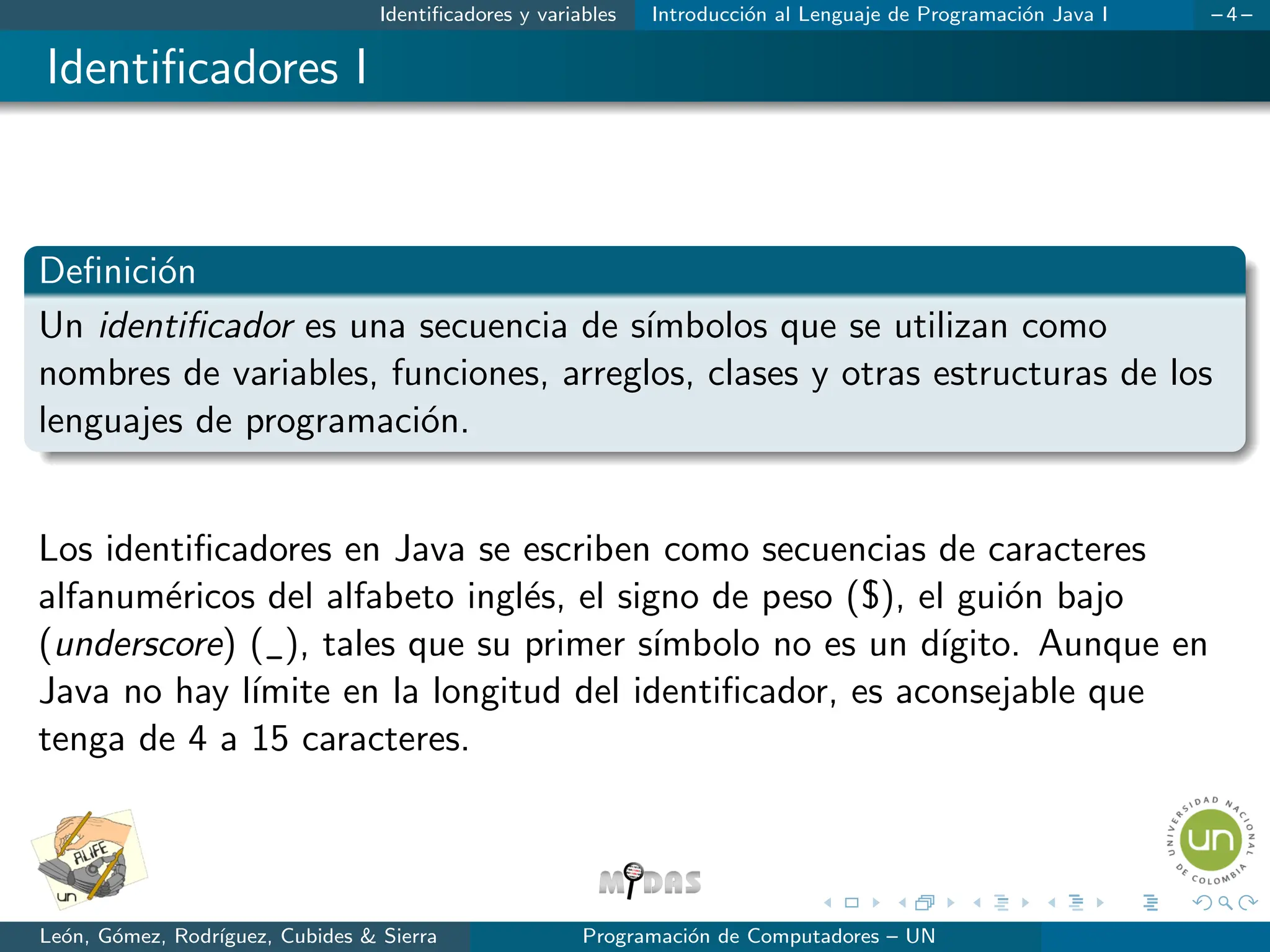 Identificadores y variables Introducción al Lenguaje de Programación Java I – 4 –
Identificadores I
Definición
Un identificador es una secuencia de sı́mbolos que se utilizan como
nombres de variables, funciones, arreglos, clases y otras estructuras de los
lenguajes de programación.
Los identificadores en Java se escriben como secuencias de caracteres
alfanuméricos del alfabeto inglés, el signo de peso ($), el guión bajo
(underscore) (_), tales que su primer sı́mbolo no es un dı́gito. Aunque en
Java no hay lı́mite en la longitud del identificador, es aconsejable que
tenga de 4 a 15 caracteres.
León, Gómez, Rodrı́guez, Cubides & Sierra Programación de Computadores – UN
 