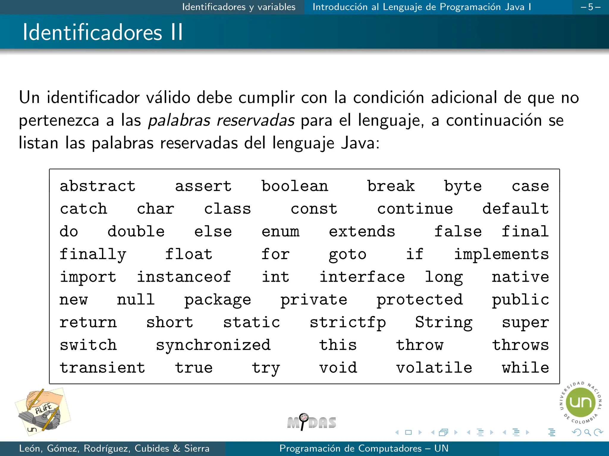 Identificadores y variables Introducción al Lenguaje de Programación Java I – 5 –
Identificadores II
Un identificador válido debe cumplir con la condición adicional de que no
pertenezca a las palabras reservadas para el lenguaje, a continuación se
listan las palabras reservadas del lenguaje Java:
abstract assert boolean break byte case
catch char class const continue default
do double else enum extends false final
finally float for goto if implements
import instanceof int interface long native
new null package private protected public
return short static strictfp String super
switch synchronized this throw throws
transient true try void volatile while
León, Gómez, Rodrı́guez, Cubides & Sierra Programación de Computadores – UN
 
