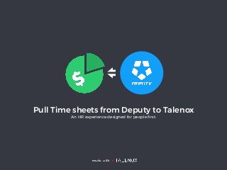 Pull Time sheets from Deputy to Talenox
An HR experience designed for people ﬁrst.
made with ♥
 