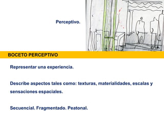 BOCETO PERCEPTIVO
Representar una experiencia.
Describe aspectos tales como: texturas, materialidades, escalas y
sensaciones espaciales.
Secuencial. Fragmentado. Peatonal.
Perceptivo.
 