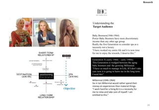 Baby Boomers(1946-1964)
Power Baby Boomers have more discretionary
income than any other age group.
Really the first Generation to consider spa as a
necessity not a luxury.
“I have worked my entire life and it is now time
for me to enjoy the rewards, I deserve this.”
Generation X (early 1960s – early 1980s)
This Generation is wedged between the aging
baby boomers and the growing Millennial.
“I have so much to manage in Life, If I don’t take
care now it is going to harm me in the long term.
I need this”
Millennial (1946-1964)
Six in ten Millennial would rather spend their
money on experiences then material things.
“I work hard for a living & it is a necessity for
me to relax and take care of myself. I am
entitled to this.”
Understanding the
Target Audience
Research
18
 
