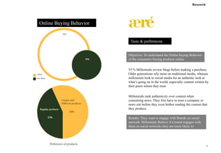 55 % Millennials review blogs before making a purchase.
Older generations rely more on traditional media, whereas
millennials look to social media for an authentic look at
what’s going on in the world, especially content written by
their peers whom they trust.
Millennials rank authenticity over content when
consuming news. They first have to trust a company or
news site before they even bother reading the content that
they produce.
become a loyal customer.
Taste &
Online Buying Behavior
Research
Objective- To understand the Online buying Behavior
of the consumers buying products online
Results- They want to engage with Brands on social
network. Millennials Believe if a brand engages with
them on social networks they are more likely to
9
 