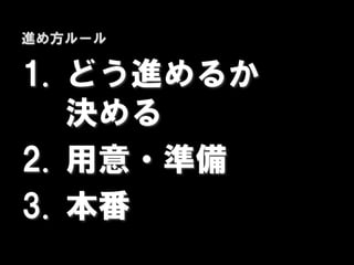 進め方ルール

1. どう進めるか
   決める
2. 用意・準備
3. 本番
 