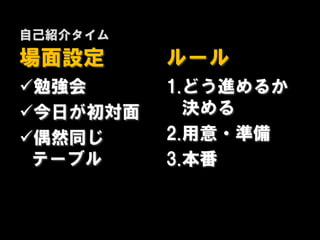 自己紹介タイム
場面設定      ルール
勉強会      1.どう進めるか
今日が初対面     決める
偶然同じ     2.用意・準備
 テーブル     3.本番
 