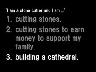 "I am a stone cutter and I am ..."

1. cutting stones.
2. cutting stones to earn
   money to support my
   family.
3. building a cathedral.
 