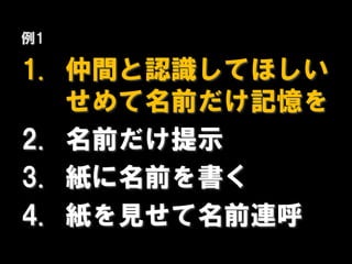 例1

1. 仲間と認識してほしい
   せめて名前だけ記憶を
2. 名前だけ提示
3. 紙に名前を書く
4. 紙を見せて名前連呼
 