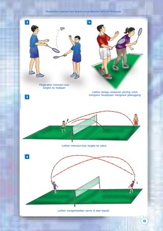 13
Pendidikan Jasmani dan Sukan untuk Sekolah-sekolah MalaysiaPendidikan Jasmani dan Sukan untuk Sekolah-sekolah Malaysia
3 4
5
6
Pergerakan memukul bulu
tangkis ke hadapan
Latihan beregu campuran penting untuk
mengukur keupayaan mengawal gelanggang
Latihan memukul bulu tangkis ke udara
Latihan mengembalikan servis di atas kepala
 