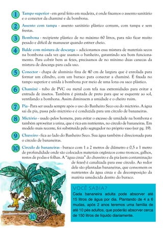 23
Tampo superior - em geral feito em madeira, é onde fixamos o assento sanitário
e o conector da chaminé e da bombona.
Assento com tampa - assento sanitário plástico comum, com tampa e sem
frestas.
Bombona - recipiente plástico de no máximo 60 litros, para não ficar muito
pesado e difícil de manusear quando estiver cheio.
Balde com mistura de descarga – adicionamos essa mistura de materiais secos
na bombona cada vez que usamos o banheiro, garantindo seu bom funciona-
mento. Para cobrir bem as fezes, precisamos de no mínimo duas canecas da
mistura de descarga para cada uso.
Conector - chapa de alumínio fina de 40 cm de largura que é enrolada para
formar um cilindro, com um buraco para conectar a chaminé. É fixada no
tampo superior e unida à bombona por meio de uma lona ou saco plástico.
Chaminé - tubo de PVC ou metal com tela nas extremidades para evitar a
entrada de insetos. Também é pintada de preto para que se esquente ao sol,
ventilando a bombona. Assim diminuem a umidade e o cheiro ruim.
Pia - Para ser usada sempre após o uso do Banheiro Seco ou do mictório. A água
sai da pia, passa pelo mictório e é conduzida para um círculo de bananeiras.
Mictório - usado pelos homens, para evitar o excesso de umidade na bombona e
também aproveitar a urina, que é rica em nutrientes, no círculo de bananeiras. Em
modelo mais recente, foi substituída pelo segregador no próprio vaso (ver pg. 19).
Chuveiro - fica ao lado do Banheiro Seco. Sua água também é direcionada para
o círculo de bananeiras.
Circulo de bananeiras - buraco com 1 a 2 metros de diâmetro e 0,5 a 1 metro
de profundidade onde são colocados materiais orgânicos como troncos, galhos,
restos de podas e folhas. A “água cinza” do chuveiro e da pia (sem contaminação
de fezes) é canalizada para esse círculo. Ao redor
dele são plantadas bananeiras, que consomem os
nutrientes da água cinza e da decomposição da
matéria umedecida dentro do buraco.
VOCÊ SABIA?
Cada bananeira adulta pode absorver até
15 litros de água por dia. Plantando de 4 a 6
mudas, após 2 anos teremos uma família de
até 10 pés adultos, que poderão absorver cerca
de 150 litros de líquido diariamente.
1
2
3
4
5
6
7
8
9
10
10
 