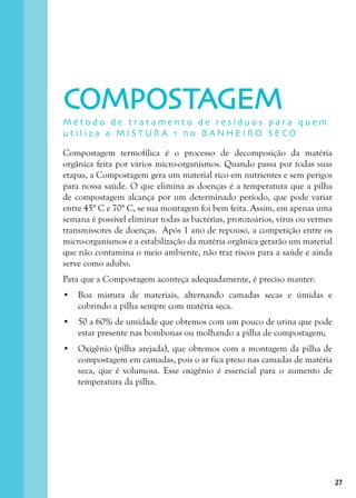 27
Compostagem termofílica é o processo de decomposição da matéria
orgânica feita por vários micro-organismos. Quando passa por todas suas
etapas, a Compostagem gera um material rico em nutrientes e sem perigos
para nossa saúde. O que elimina as doenças é a temperatura que a pilha
de compostagem alcança por um determinado período, que pode variar
entre 45° C e 70° C, se sua montagem foi bem feita. Assim, em apenas uma
semana é possível eliminar todas as bactérias, protozoários, vírus ou vermes
transmissores de doenças. Após 1 ano de repouso, a competição entre os
micro-organismos e a estabilização da matéria orgânica gerarão um material
que não contamina o meio ambiente, não traz riscos para a saúde e ainda
serve como adubo.
Para que a Compostagem aconteça adequadamente, é preciso manter:
•	 Boa mistura de materiais, alternando camadas secas e úmidas e
cobrindo a pilha sempre com matéria seca.
•	 50 a 60% de umidade que obtemos com um pouco de urina que pode
estar presente nas bombonas ou molhando a pilha de compostagem;
•	 Oxigênio (pilha arejada), que obtemos com a montagem da pilha de
compostagem em camadas, pois o ar fica preso nas camadas de matéria
seca, que é volumosa. Esse oxigênio é essencial para o aumento de
temperatura da pilha.
M é t o d o d e t r a t a m e n t o d e r e s í d u o s p a r a q u e m
u t i l i z a a M I S T U R A 1 n o B A N H E I R O S E C O
COMPOSTAGEM
 