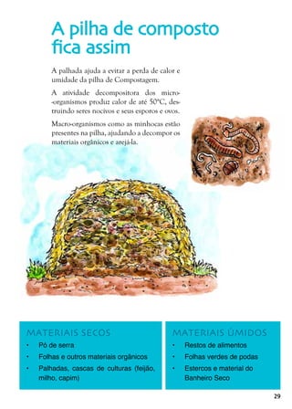 29
A pilha de composto
fica assim
A palhada ajuda a evitar a perda de calor e
umidade da pilha de Compostagem.
A atividade decompositora dos micro-
-organismos produz calor de até 50°C, des-
truindo seres nocivos e seus esporos e ovos.
Macro-organismos como as minhocas estão
presentes na pilha, ajudando a decompor os
materiais orgânicos e arejá-la.
MATERIAIS ÚMIDOS
•	 Restos de alimentos
•	 Folhas verdes de podas
•	 Estercos e material do
Banheiro Seco
MATERIAIS SECOS
•	 Pó de serra
•	 Folhas e outros materiais orgânicos
•	 Palhadas, cascas de culturas (feijão,
milho, capim)
 