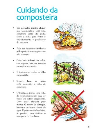 31
Cuidando da
composteira
•	 Em períodos muitos chuvo-
sos, recomenda-se usar uma
cobertura extra de palha
sobre a pilha para evitar o
encharcamento e paralisação
do processo.
•	 Pode ser necessário molhar a
pilha periodicamente para que
não resseque.
•	 Caso haja animais ao redor,
este espaço deve ser cercado
para evitar o contato.
•	 É importante revirar a pilha
para arejá-la.
•	 Sempre lavar as mãos
após manipular a pilha de
composto.
•	 O local para iniciar uma pilha
de compostagem não deve ser
baixo ou sofrer alagamento.
Deve estar afastado pelo
menos 30 metros de córregos,
barreiros ou outras fontes de
água. E próximo do banheiro,
se possível, para facilitar o
transporte da bombona.
 