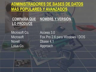 ADMINISTRADORES DE BASES DE DATOS
MÁS POPULARES Y AVANZADOS
COMPAÑÍA QUE NOMBRE Y VERSIÓN
LO PRODUCE
Microsoft Co. Access 3.0
Microsoft Fox Pro 2.6 para Windows / DOS
Novell Dbase 4.1
Lotus Co. Approach
 