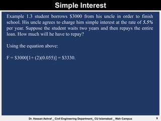 Simple Interest
9
Dr. Hassan Ashraf _ Civil Engineering Department_ CU Islamabad _ Wah Campus
Example 1.3 student borrows $3000 from his uncle in order to finish
school. His uncle agrees to charge him simple interest at the rate of 5.5%
per year. Suppose the student waits two years and then repays the entire
loan. How much will he have to repay?
Using the equation above:
F = $3000[1+ (2)(0.055)] = $3330.
 