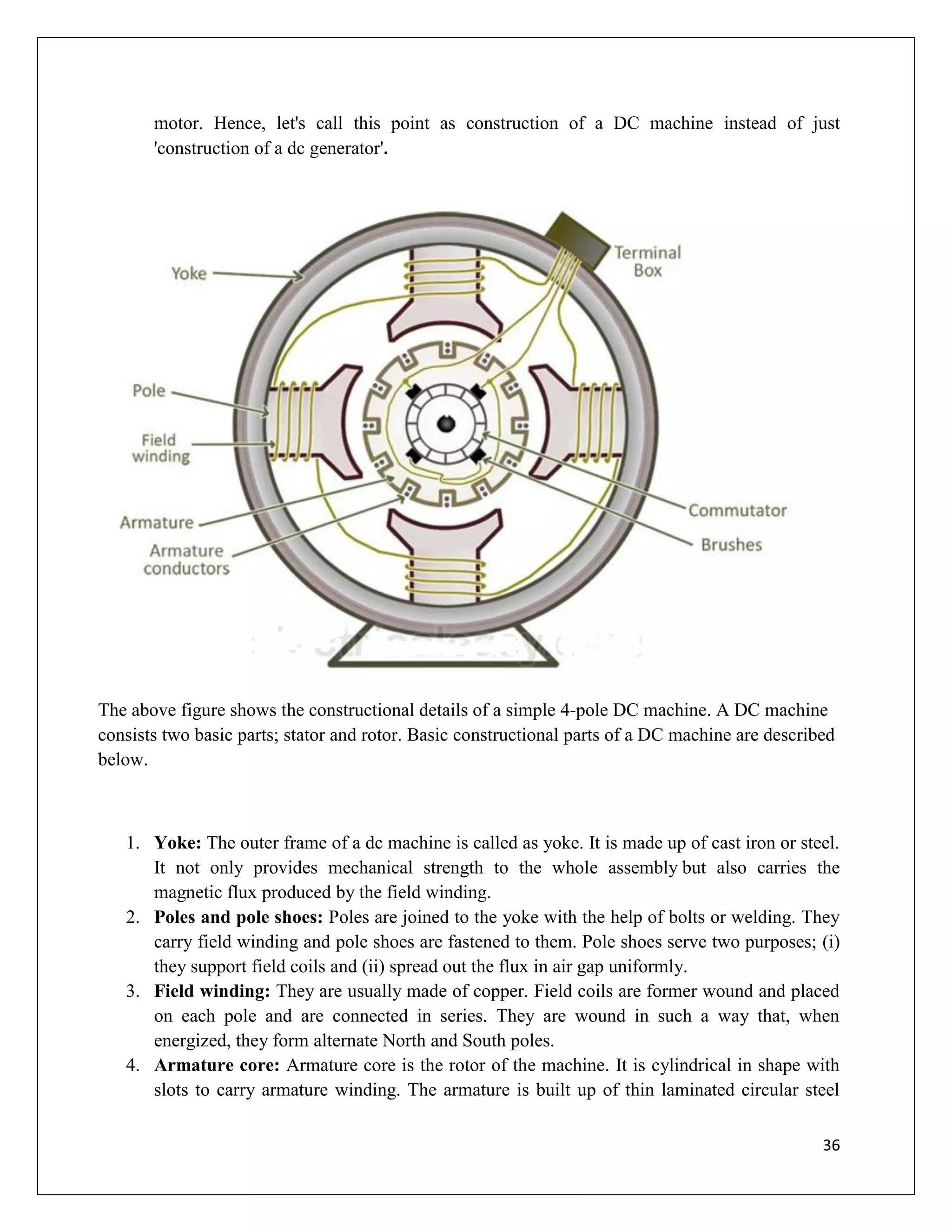36
motor. Hence, let's call this point as construction of a DC machine instead of just
'construction of a dc generator'.
The above figure shows the constructional details of a simple 4-pole DC machine. A DC machine
consists two basic parts; stator and rotor. Basic constructional parts of a DC machine are described
below.
1. Yoke: The outer frame of a dc machine is called as yoke. It is made up of cast iron or steel.
It not only provides mechanical strength to the whole assembly but also carries the
magnetic flux produced by the field winding.
2. Poles and pole shoes: Poles are joined to the yoke with the help of bolts or welding. They
carry field winding and pole shoes are fastened to them. Pole shoes serve two purposes; (i)
they support field coils and (ii) spread out the flux in air gap uniformly.
3. Field winding: They are usually made of copper. Field coils are former wound and placed
on each pole and are connected in series. They are wound in such a way that, when
energized, they form alternate North and South poles.
4. Armature core: Armature core is the rotor of the machine. It is cylindrical in shape with
slots to carry armature winding. The armature is built up of thin laminated circular steel
 