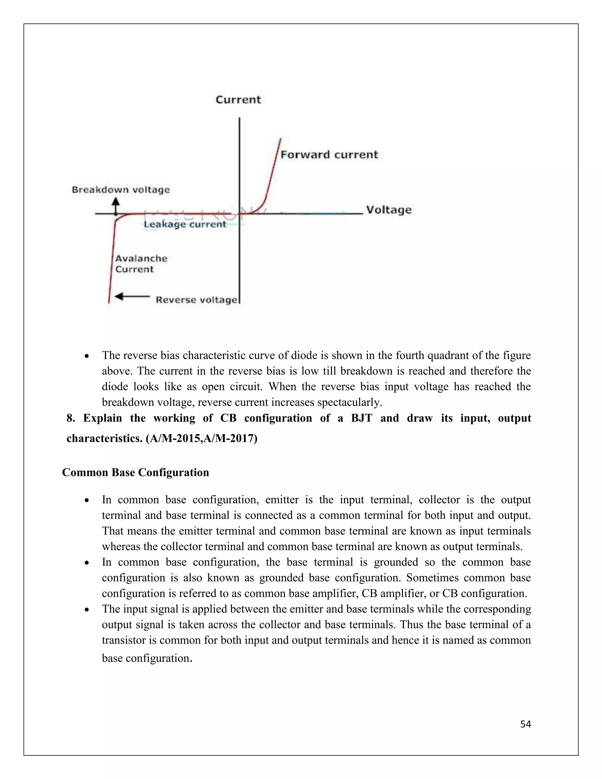 54
 The reverse bias characteristic curve of diode is shown in the fourth quadrant of the figure
above. The current in the reverse bias is low till breakdown is reached and therefore the
diode looks like as open circuit. When the reverse bias input voltage has reached the
breakdown voltage, reverse current increases spectacularly.
8. Explain the working of CB configuration of a BJT and draw its input, output
characteristics. (A/M-2015,A/M-2017)
Common Base Configuration
 In common base configuration, emitter is the input terminal, collector is the output
terminal and base terminal is connected as a common terminal for both input and output.
That means the emitter terminal and common base terminal are known as input terminals
whereas the collector terminal and common base terminal are known as output terminals.
 In common base configuration, the base terminal is grounded so the common base
configuration is also known as grounded base configuration. Sometimes common base
configuration is referred to as common base amplifier, CB amplifier, or CB configuration.
 The input signal is applied between the emitter and base terminals while the corresponding
output signal is taken across the collector and base terminals. Thus the base terminal of a
transistor is common for both input and output terminals and hence it is named as common
base configuration.
 