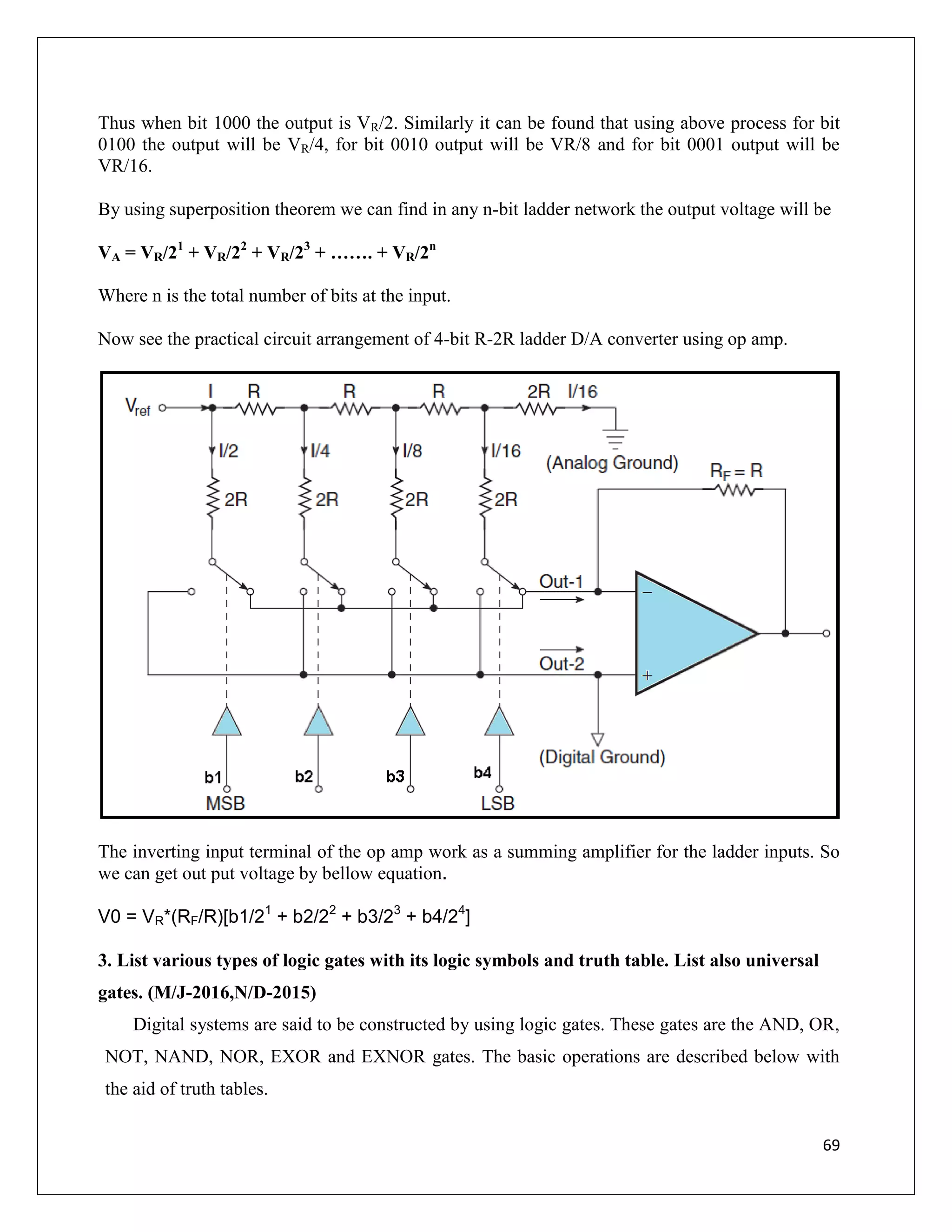 69
Thus when bit 1000 the output is VR/2. Similarly it can be found that using above process for bit
0100 the output will be VR/4, for bit 0010 output will be VR/8 and for bit 0001 output will be
VR/16.
By using superposition theorem we can find in any n-bit ladder network the output voltage will be
VA = VR/21
+ VR/22
+ VR/23
+ ……. + VR/2n
Where n is the total number of bits at the input.
Now see the practical circuit arrangement of 4-bit R-2R ladder D/A converter using op amp.
The inverting input terminal of the op amp work as a summing amplifier for the ladder inputs. So
we can get out put voltage by bellow equation.
V0 = VR*(RF/R)[b1/21
+ b2/22
+ b3/23
+ b4/24
]
3. List various types of logic gates with its logic symbols and truth table. List also universal
gates. (M/J-2016,N/D-2015)
Digital systems are said to be constructed by using logic gates. These gates are the AND, OR,
NOT, NAND, NOR, EXOR and EXNOR gates. The basic operations are described below with
the aid of truth tables.
 