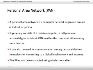 Sri Lanka-German Training InstituteDepartment of Information and Communication Technology
Personal Area Network (PAN)
A personal area network is a computer network organized around
an individual person.
It generally consists of a mobile computer, a cell phone or
personal digital assistant. PAN enables the communication among
these devices.
It can also be used for communication among personal devices
themselves for connecting to a digital level network and internet.
The PANs can be constructed using wireless or cables.
11/23/2018 Introducing Basic Network Concepts 14
 