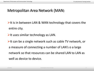 Sri Lanka-German Training InstituteDepartment of Information and Communication Technology
Metropolitan Area Network (MAN)
It is in between LAN & WAN technology that covers the
entire city.
It uses similar technology as LAN.
It can be a single network such as cable TV network, or
a measure of connecting a number of LAN’s o a large
network so that resources can be shared LAN to LAN as
well as device to device.
11/23/2018 Introducing Basic Network Concepts 17
 